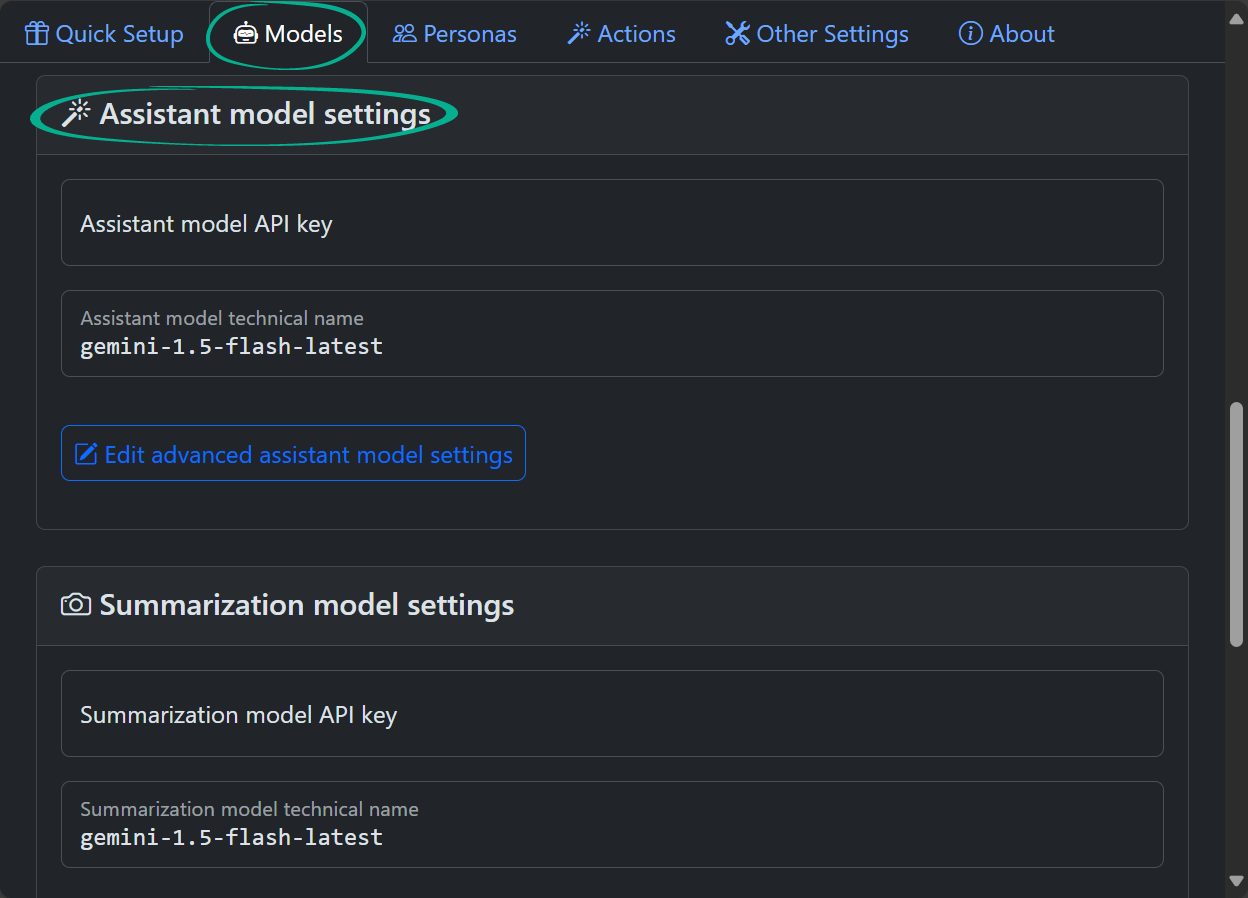 AI Assistant model settings